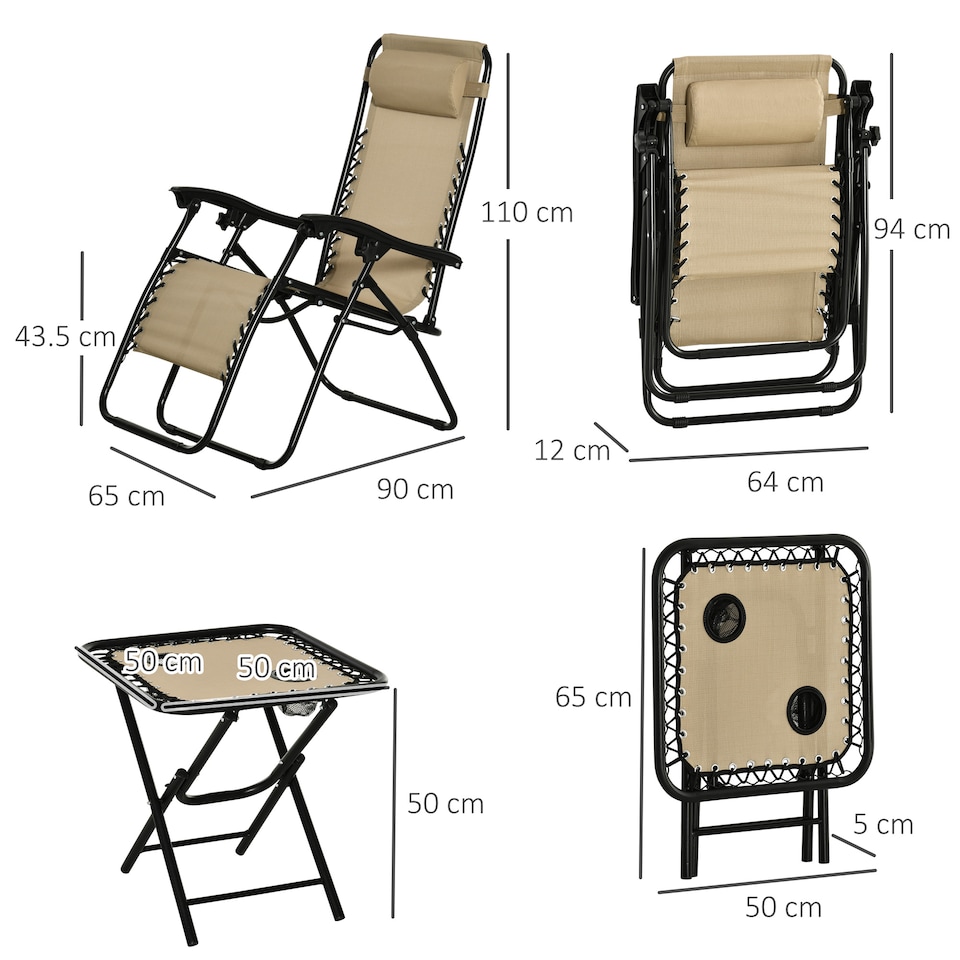 image 1 of Outsunny Folding Zero Gravity Chairs, 3 Pieces Adjustable Sun Lounger and Table Set with Cup Holder and Headrest, Patio Bistro Set with Reclining Garden Chairs for Outdoor, Beige