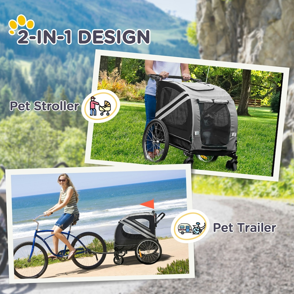 image 1 of PawHut 2-In-1 Dog Bike Trailer Stroller w/ Universal Wheel Reflector Flag Grey