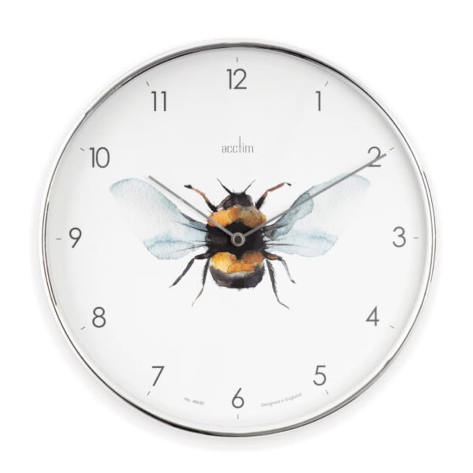 image 1 of Acctim Bee Wall Clock Quartz Chrome Effect Foil Embossed Arabic Dial 30cm Chrome | White