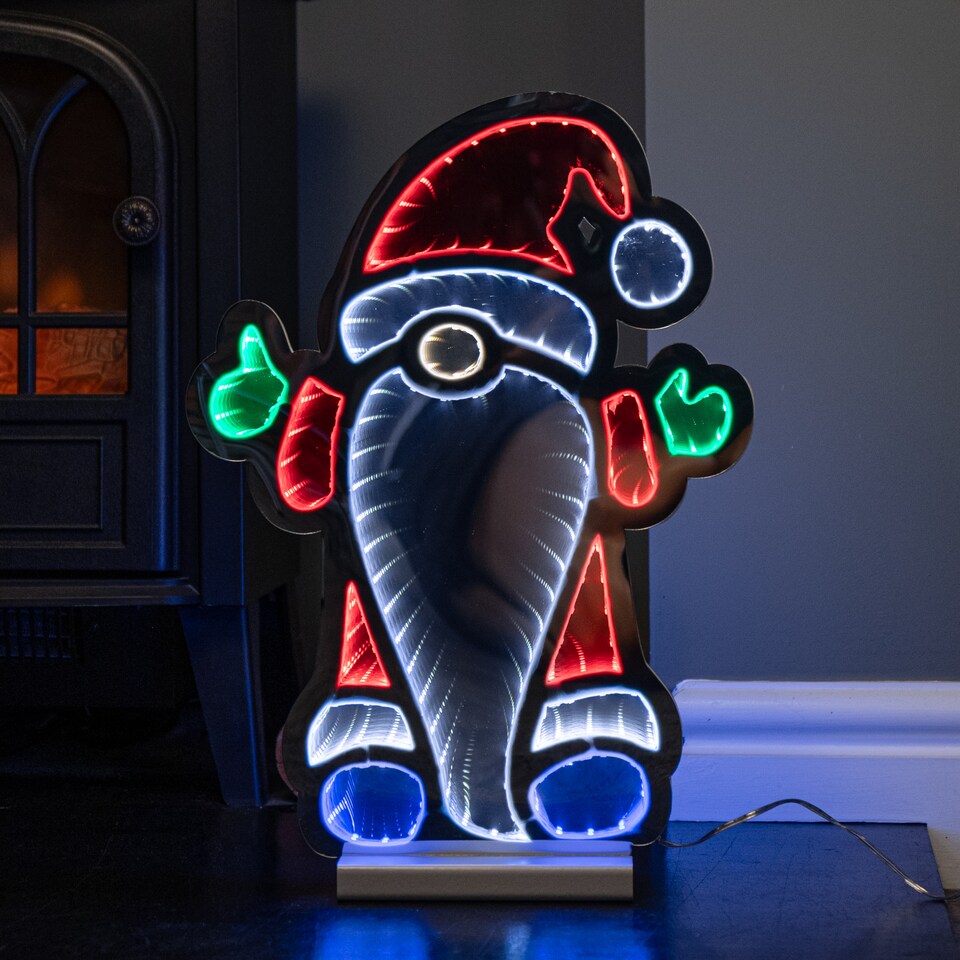 image 1 of 40cm Light up Standing Gnome Christmas Infinity Decoration on Wooden Base with LEDs