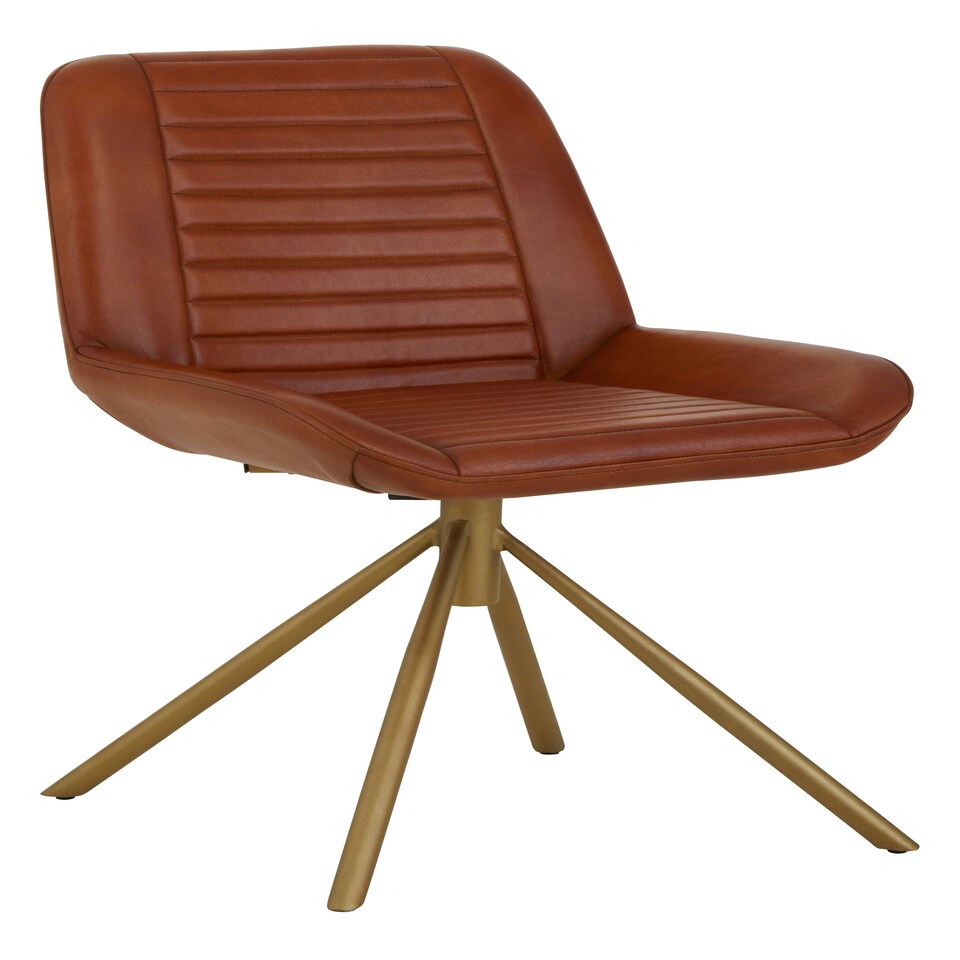 image 1 of Interiors by Premier Tan Genuine Leather Chair, Pleated Channel‑Detail Tan Leather Seat & Back, Gold‑Finish Angular Iron Legs Brown