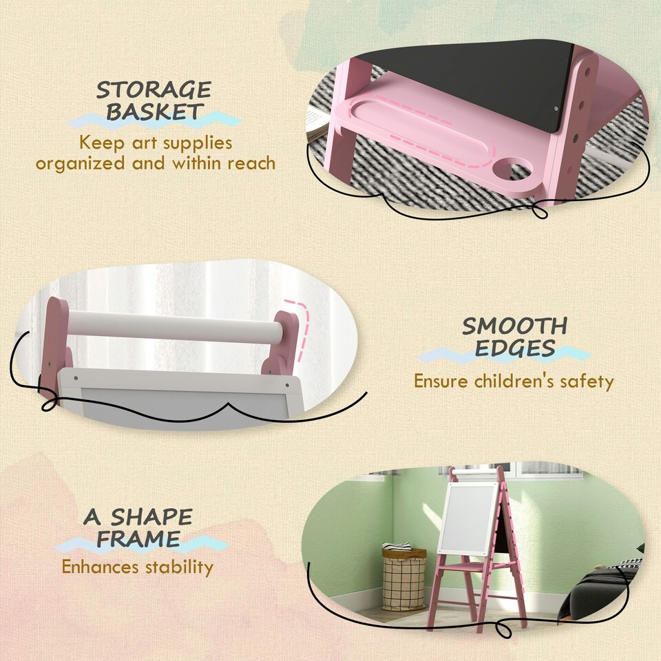 image 1 of AIYAPLAY Three-in-One Easel for Kids, with Paper Roll, Adjustable Height - Pink Pink