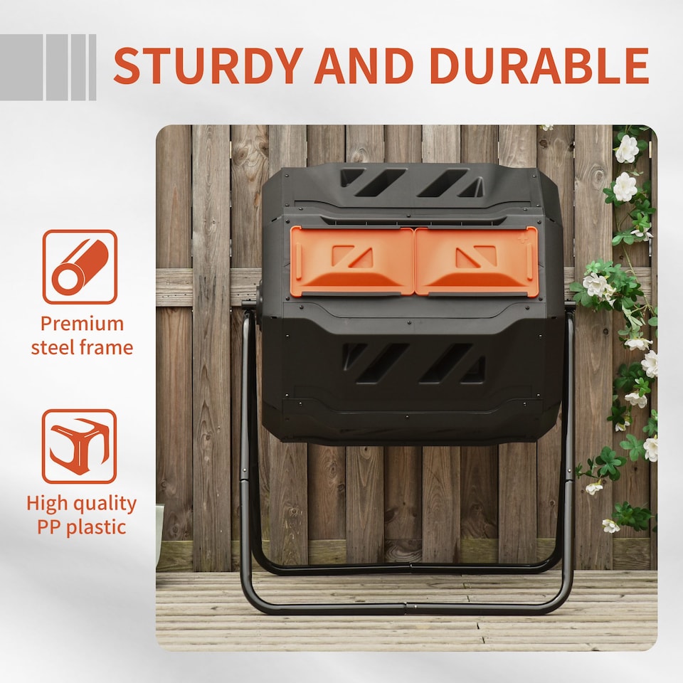 image 1 of Outsunny 160L Outdoor Tumbling Compost Bin with Dual Chamber | Orange | Orange | One Size