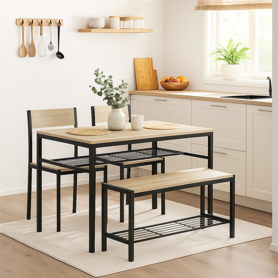 image 1 of 4 Pcs Set Dining Room Table Metal Frame with 2 Matching Chairs and Bench Kitchen | Multi | Oak