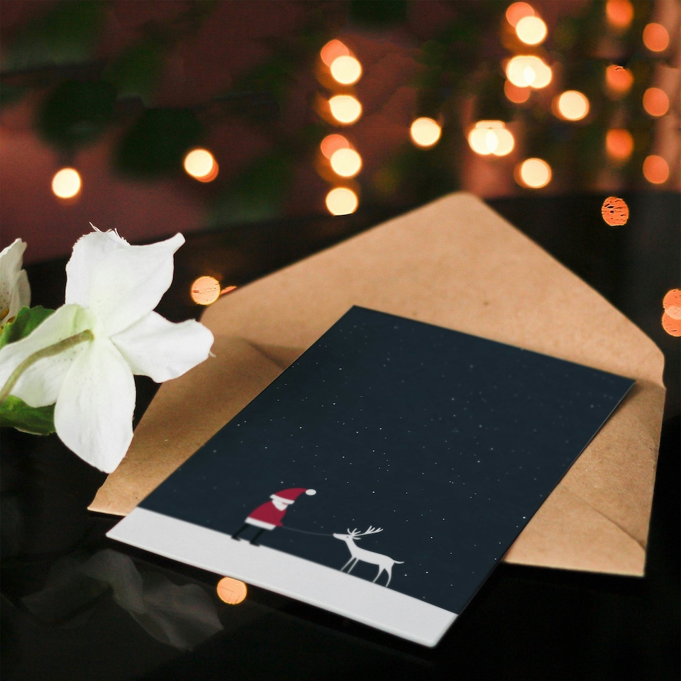 image 1 of Greeting Card Santa Claus With White Reindeer in Snow Modern Blank For Him Or Her Art Xmas Christmas Card