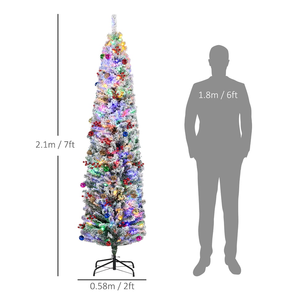 image 1 of HOMCOM 7ft Pre Lit Artificial Christmas Tree Holiday Decor with 250 Colourful LED Lights and 592 Snow Flocked Tips, Pine Cone, Berry, Ball Tree Decoration
