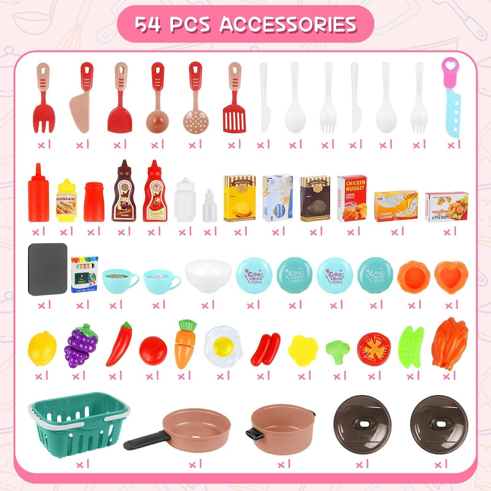 image 1 of Large Kitchen Playset for Kids (Pink) - Pretend Cooking Toy Gift for Boys & Girls