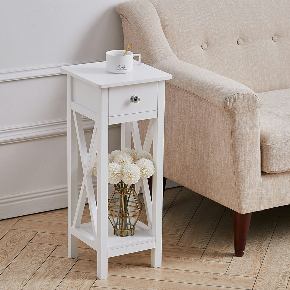 image 1 of Living and Home Wooden Slim Console Table with One Drawer- White