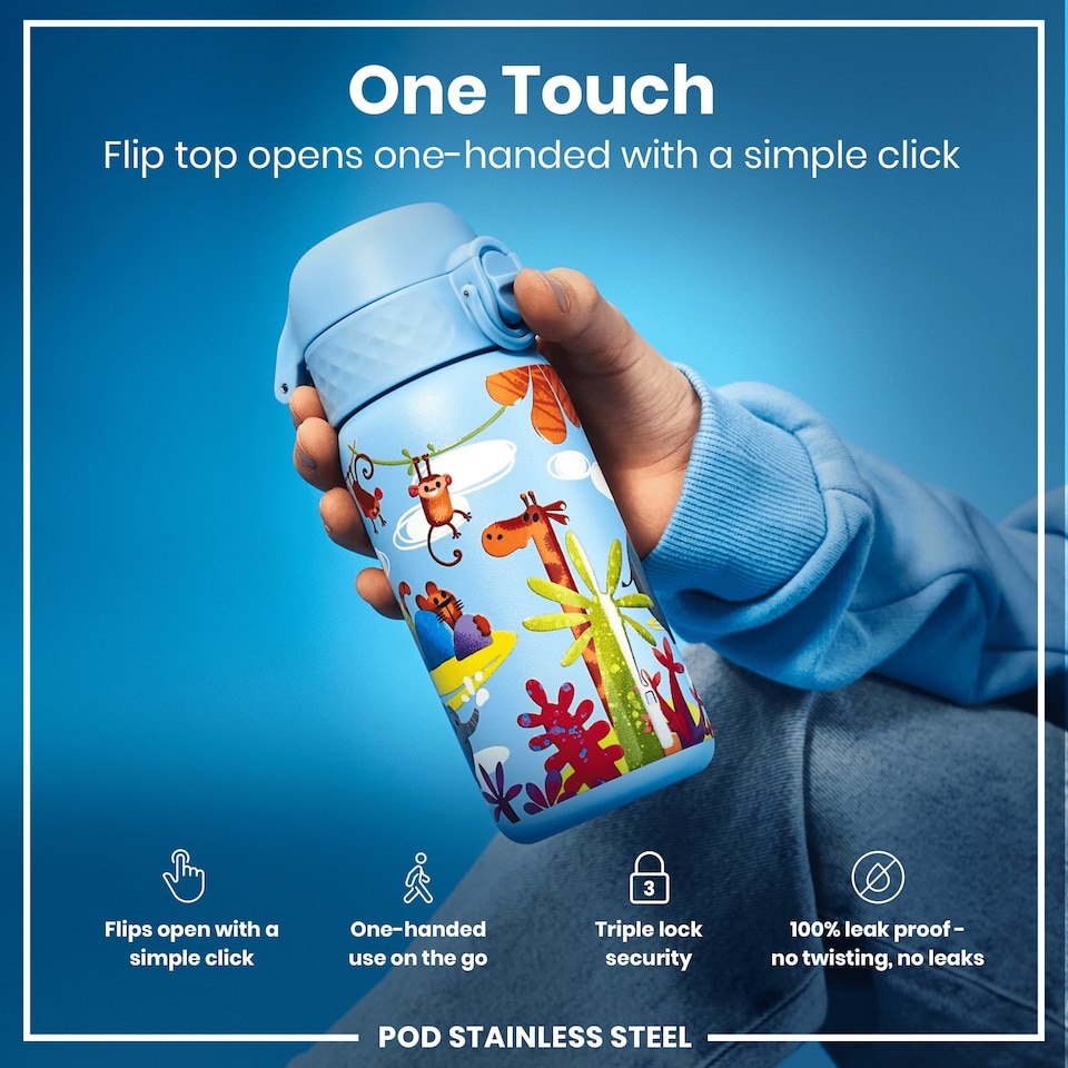 image 1 of Leak Proof Kids Water Bottle, Stainless Steel, 400ml (13oz) | Blue | Safari | One Size
