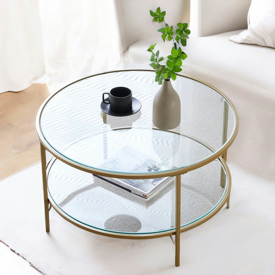 image 1 of Industrial 2 Tier Round Coffee Table With Tempered Glass Gold