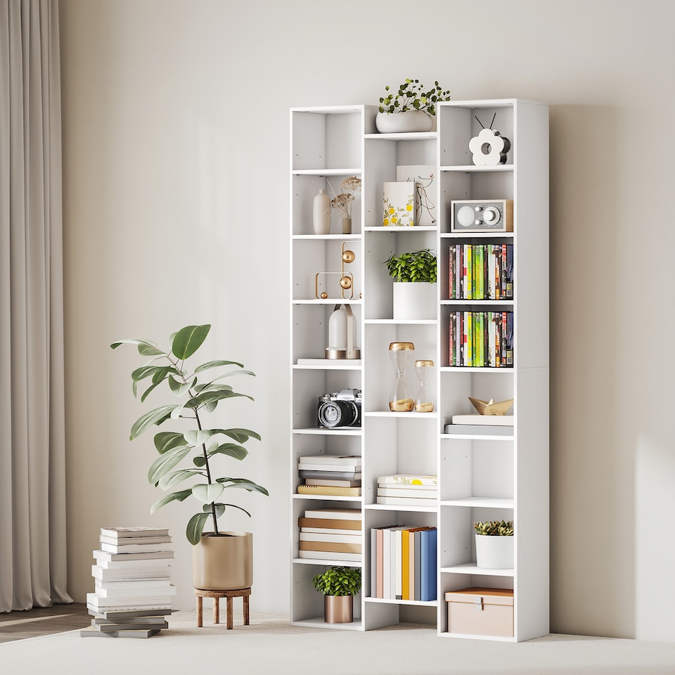 image 1 of HOMCOM 21-Cube Tall Bookcase, Modern Cube Book shelf with 10 Adjustable Shelves, Freestanding Multi-Functional Storage Unit for Living Room, Home Office, Bedroom, 181 x 89.5W cm, White | White | White