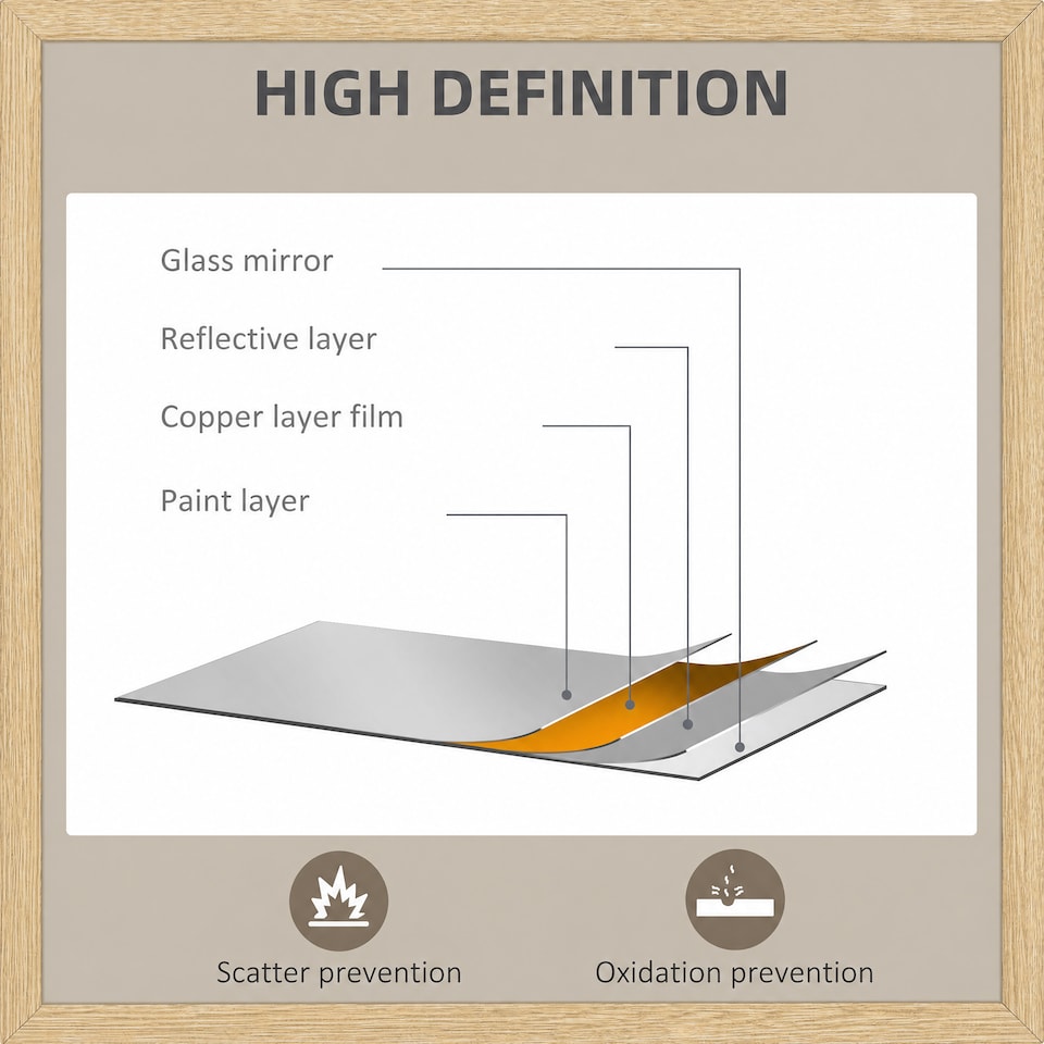 image 1 of HOMCOM 70x50cm Wall Bathroom Mirror for Home Decor, Vanity Mirror | Brown | Natural wood | 50W x 70H x 2D cm