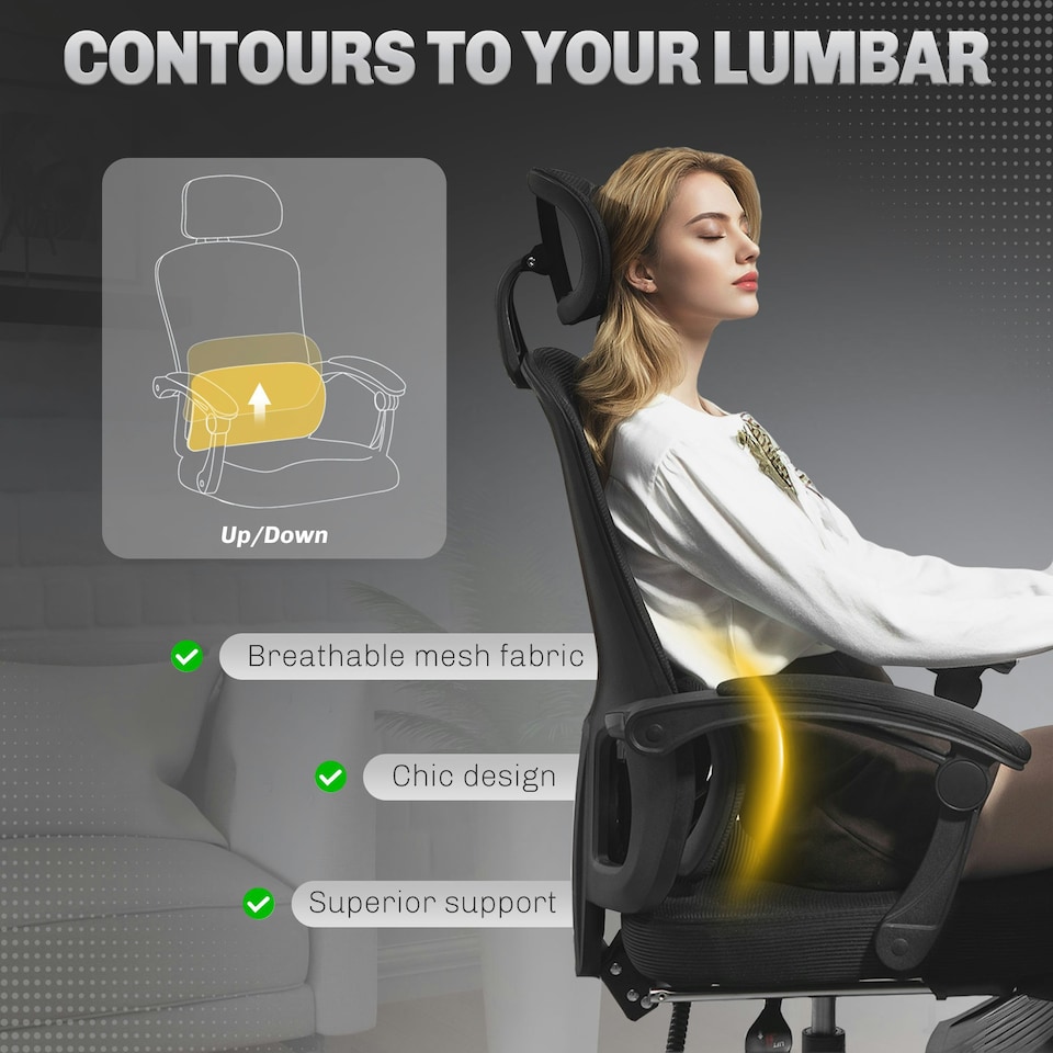 image 1 of HOMCOM Mesh Ergonomic Office Chair with Lumbar Support, Headrest, Black Black