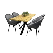 Wooden Dining Table with X-Shaped Iron Legs and 4 Grey Velvet Chairs  Modern Dining Set for Home and Kitchen Grey
