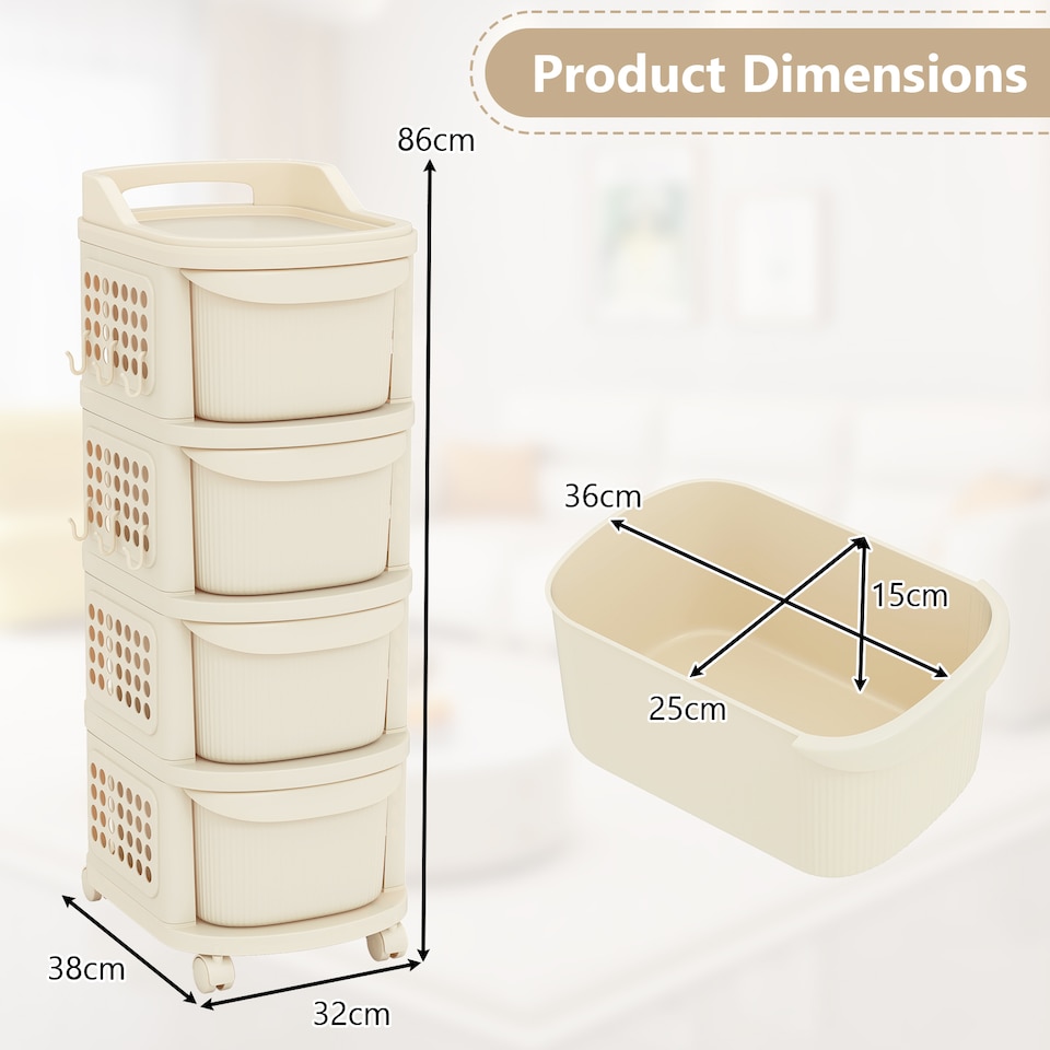 image 1 of COSTWAY 4-Drawer Utility Cart Rolling Plastic Storage White