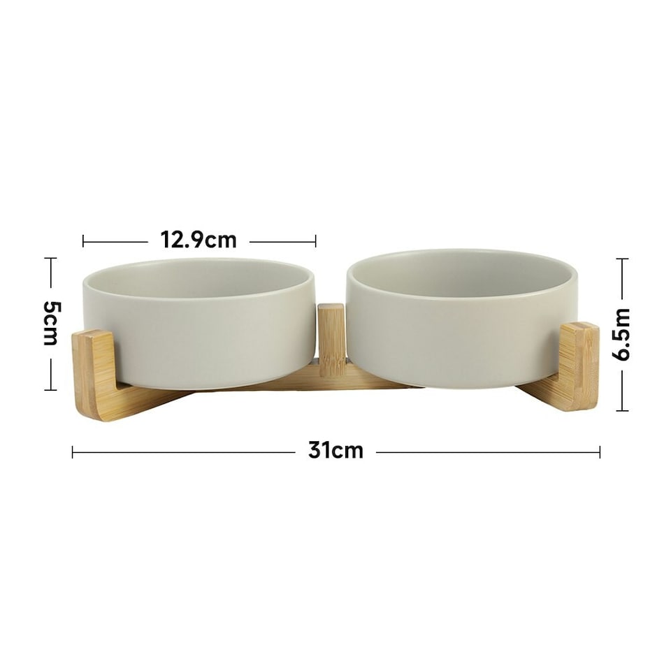 image 1 of Living and Home Double Ceramic Cat Bowl with Bamboo Stand ,Grey