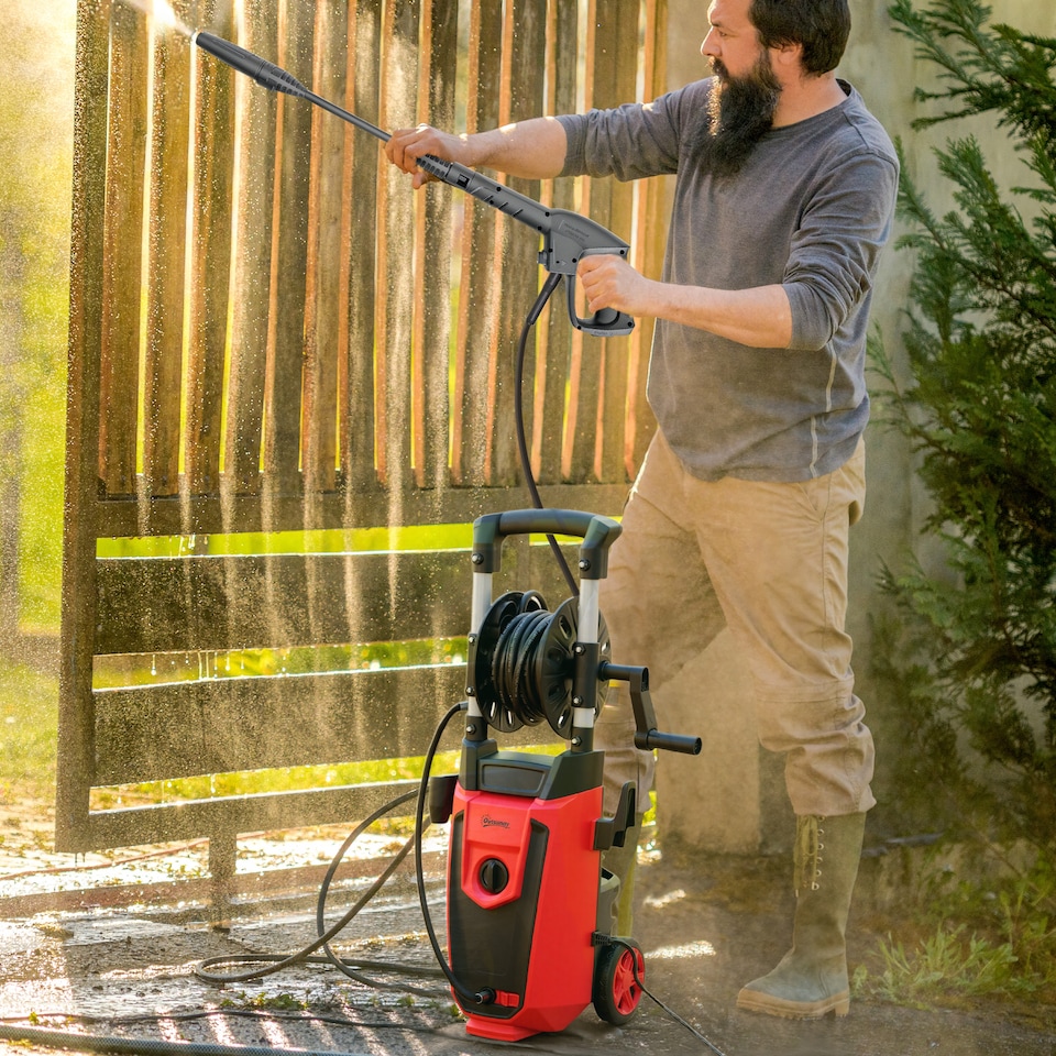 image 1 of Outsunny 1800 W High Pressure Washer, 150 Bar Pressure, 420 L/h Flow, Portable Electric Power Washer Jet Wash Cleaner with Adjustable Nozzle, 6 M Hose and Hose Reel for Home Patio Car Driveway, Red