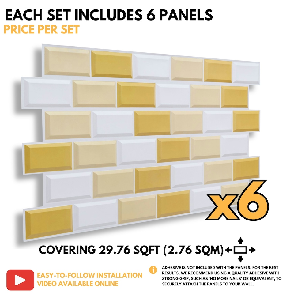 image 1 of NOVECRAFTO 3D Wall Panels – 6 PVC Sheets, Covers 2.76 sqm (29.76 sq ft), 96x48cm Each – White Subway Tile Pattern with Gold and Beige Accents
