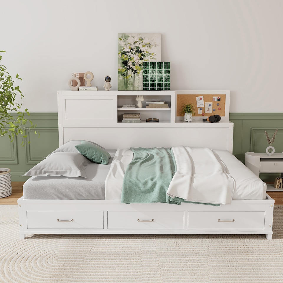 image 1 of COSTWAY Single/Double Daybed Frame with 3 Drawers White