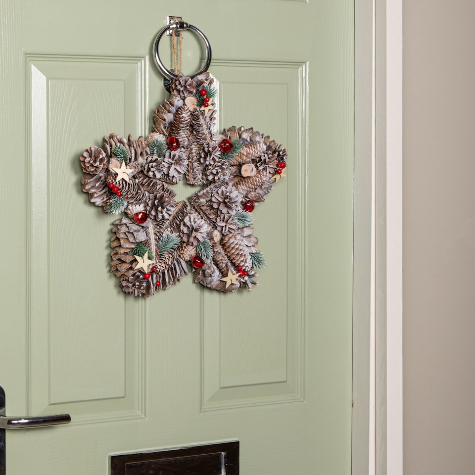 image 1 of 35cm Frosted Hanging Christmas Star Wreath with Red Jingle Bells & Wooden Stars