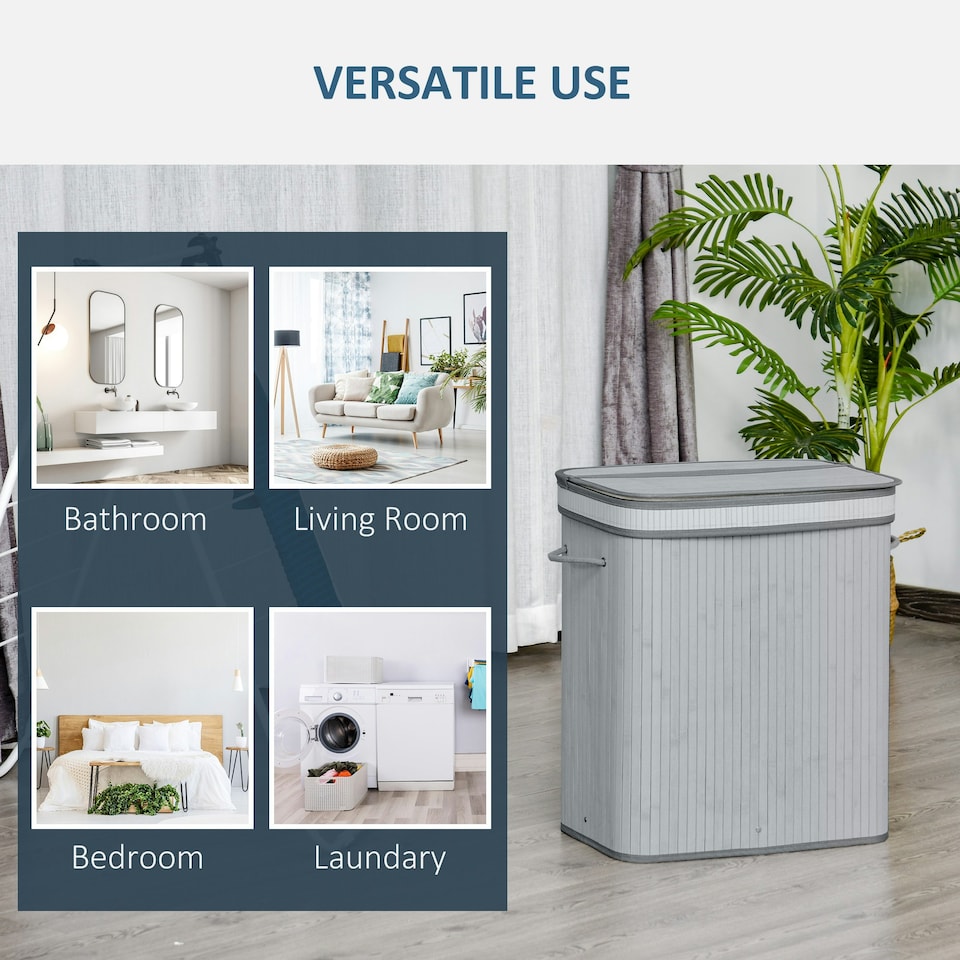 image 1 of HOMCOM 100L Wood Laundry Basket A Compartment Flip Lid Removable Lining Grey