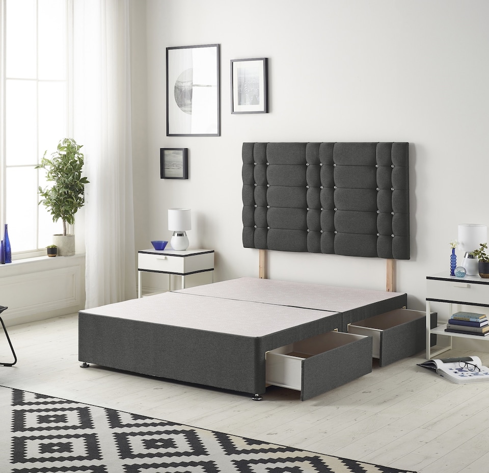 image 1 of Astoria Divan Bed Base with 2 Drawers & 30 Inch Diamante Headboard in Tweed Fabric | Grey | Charcoal | Small Double