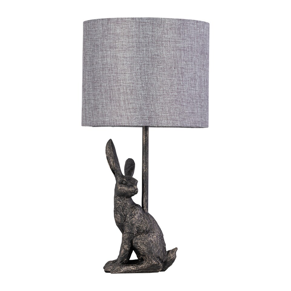 image 1 of Set of 2 Henrietta - Antique Gold Rabbit Table Lamps Grey Linen Shade | Gold | Antique gold resin and grey linen | 2