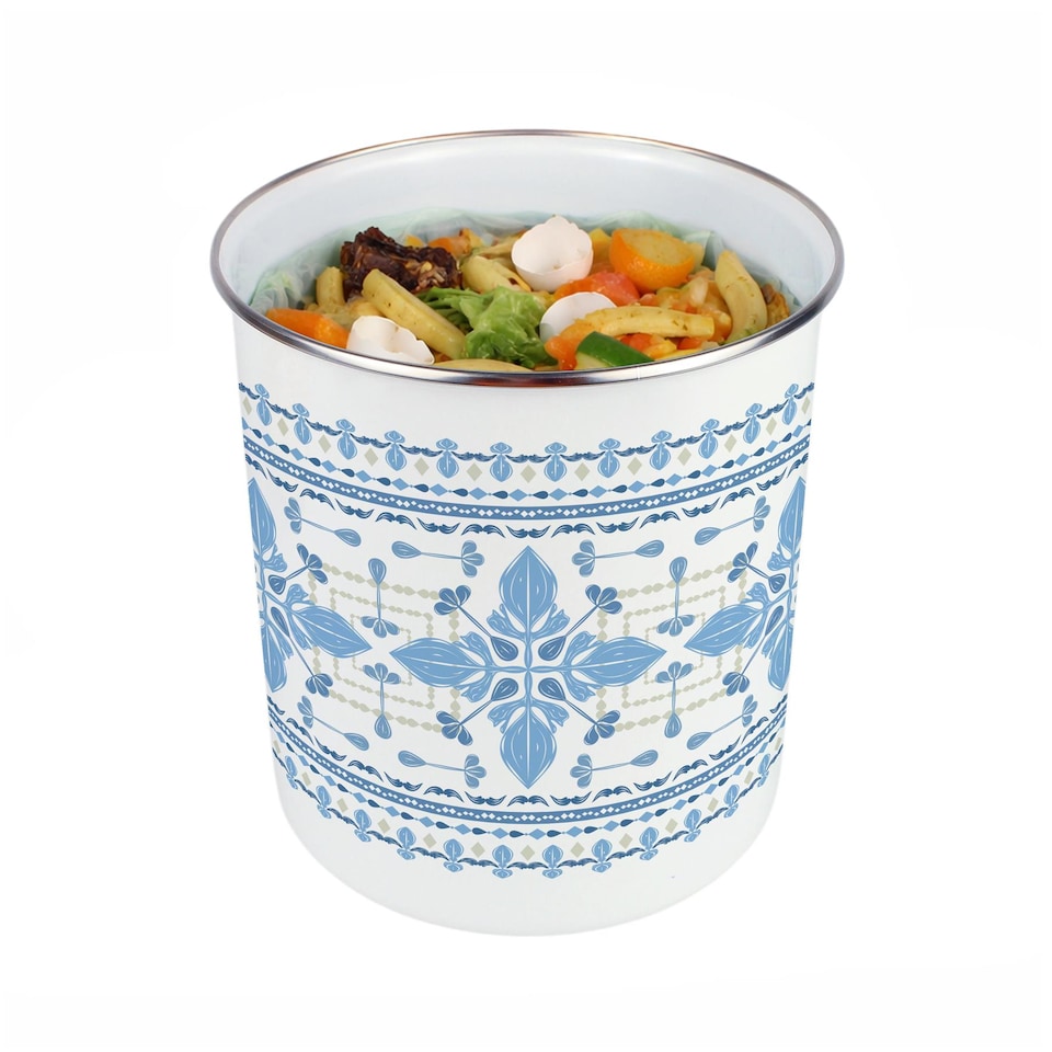image 1 of Blue Folk Tile Food Waste Caddy - Metal 2L Decorative Kitchen Compost Bin