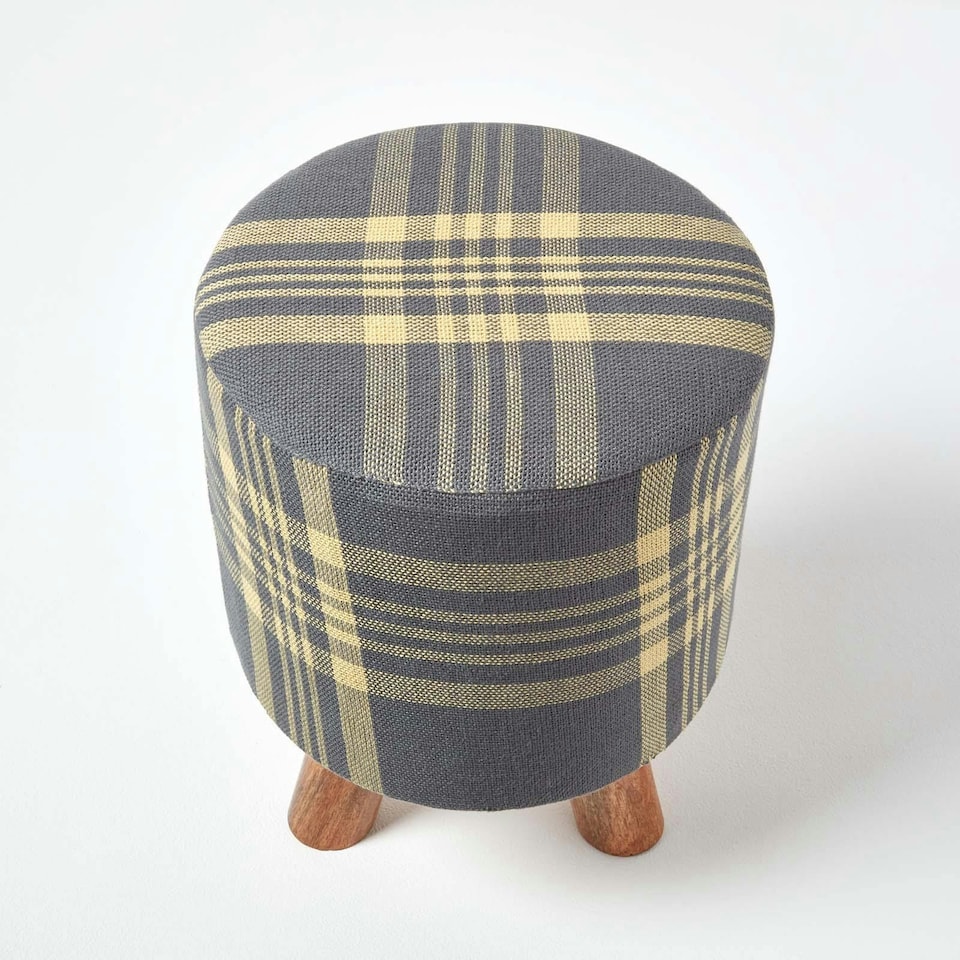 image 1 of Homescapes Grey and Yellow Tall Tartan Fabric Stool with Legs | Grey | 32 x 32 x 42 cm