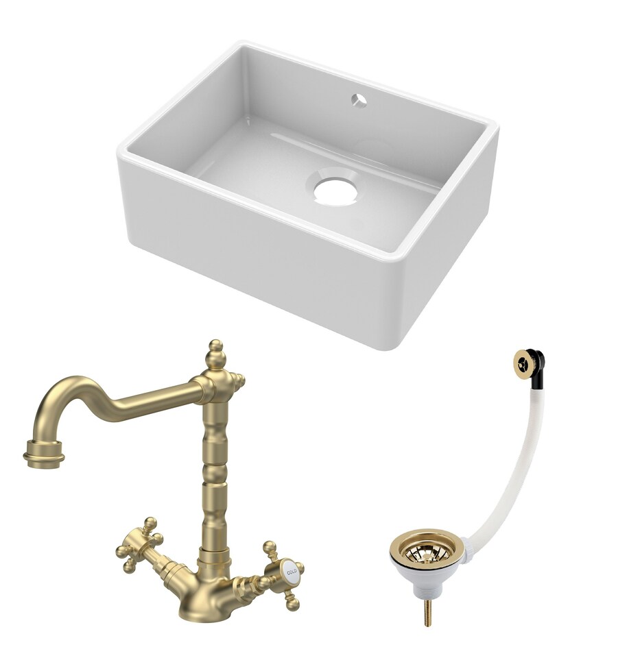 image 1 of Fireclay Kitchen Bundle - 1 Bowl Butler Sink with Overflow, Waste & Classic Mono Tap - 795mm - Brushed Brass