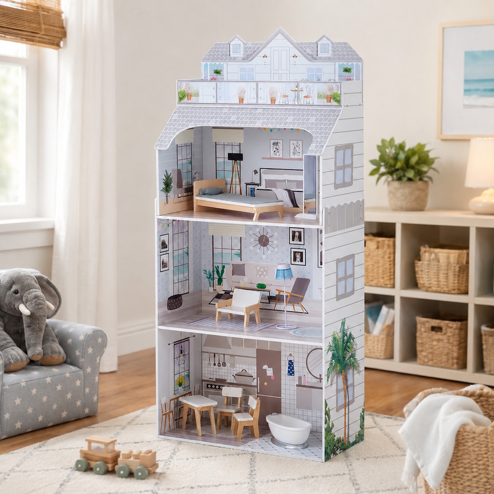 image 1 of Teamson Kids 3-Story Dollhouse with 8 Furnishings, Grey, Dreamland Penthouse