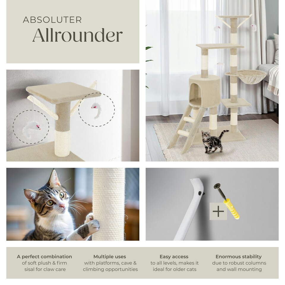 image 1 of Cat Tree Dominik - 144 cm, sisal cat scratching post, mice & anti-tip protection - Beige
