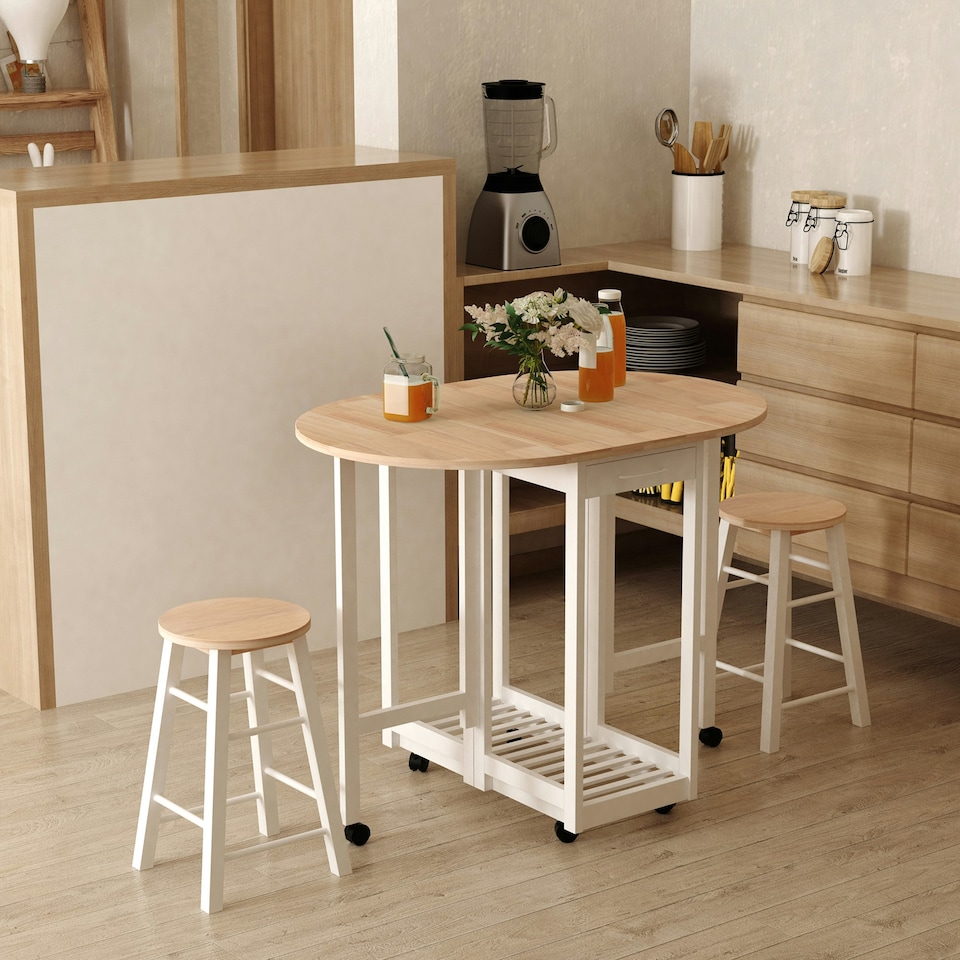 image 1 of HOMCOM 3pc Wooden Kitchen Cart Trollet Table Folding Stools Space-saving