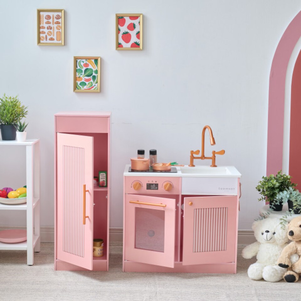 image 1 of Teamson Kids Little Chef Chester Play Kitchen in Peach with Fridge, Stove, 12 Accessories, Shelves & Hooks