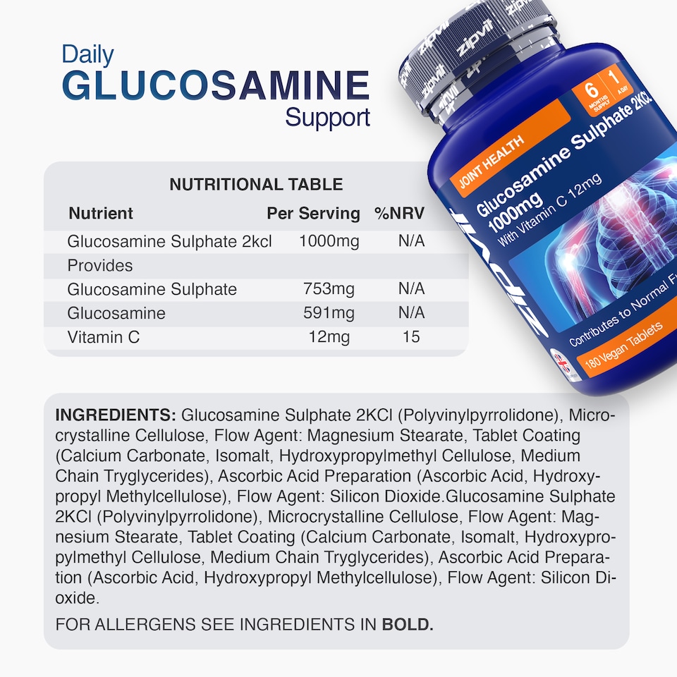 image 1 of Zipvit Glucosamine Sulphate 1000mg, Joint, Cartilage & Bone Support with Vitamin C, 180 Vegan Tablets, 6-Month Supply