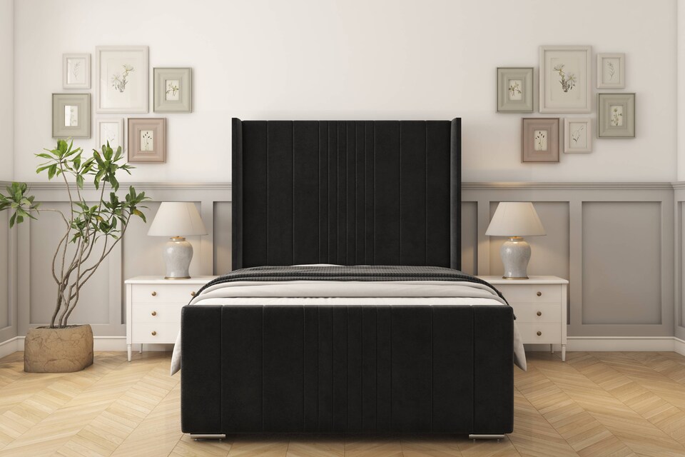 image 1 of Sloomy Hargrave Black Plush Bed Frame With 50"  Upholstered Wingback Headboard 3' Single