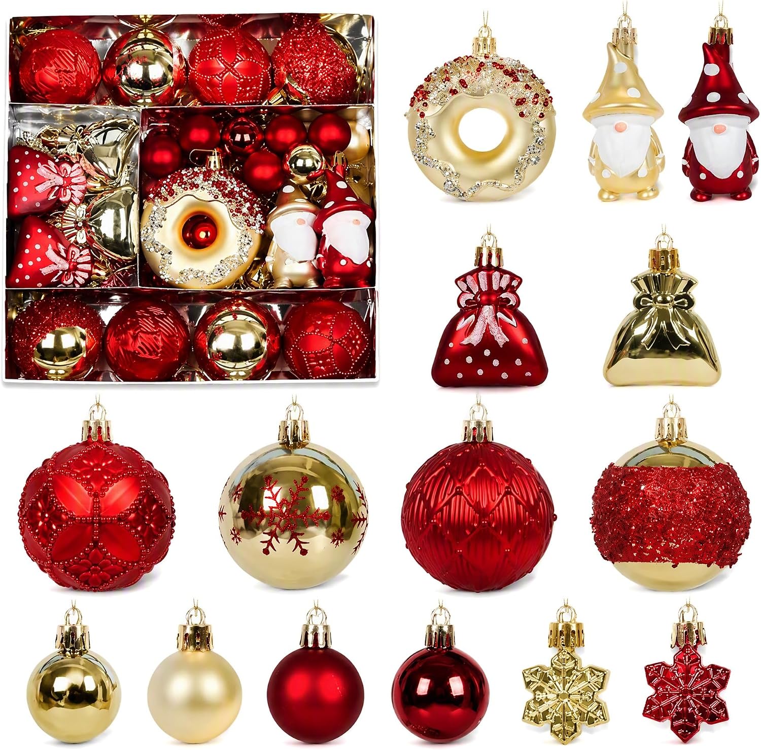 Christmas Baubles, 60 Pack Red & Gold Christmas Tree Decorations Set, Assorted Shatterproof Baubles with Gnomes & Snowflakes, Festive Xmas Ornaments