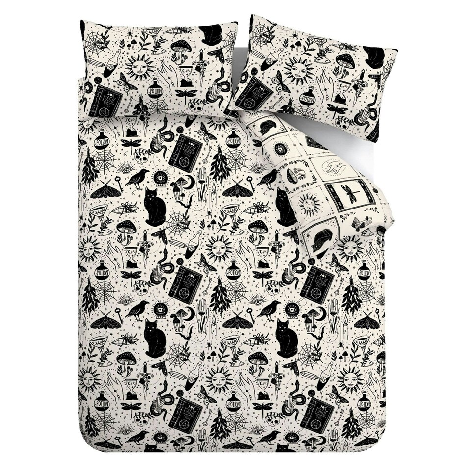 image 1 of Catherine Lansfield Enchanted Witchcraft Reversible Duvet Cover Set Black / Natural | Black | Black / Natural | Single