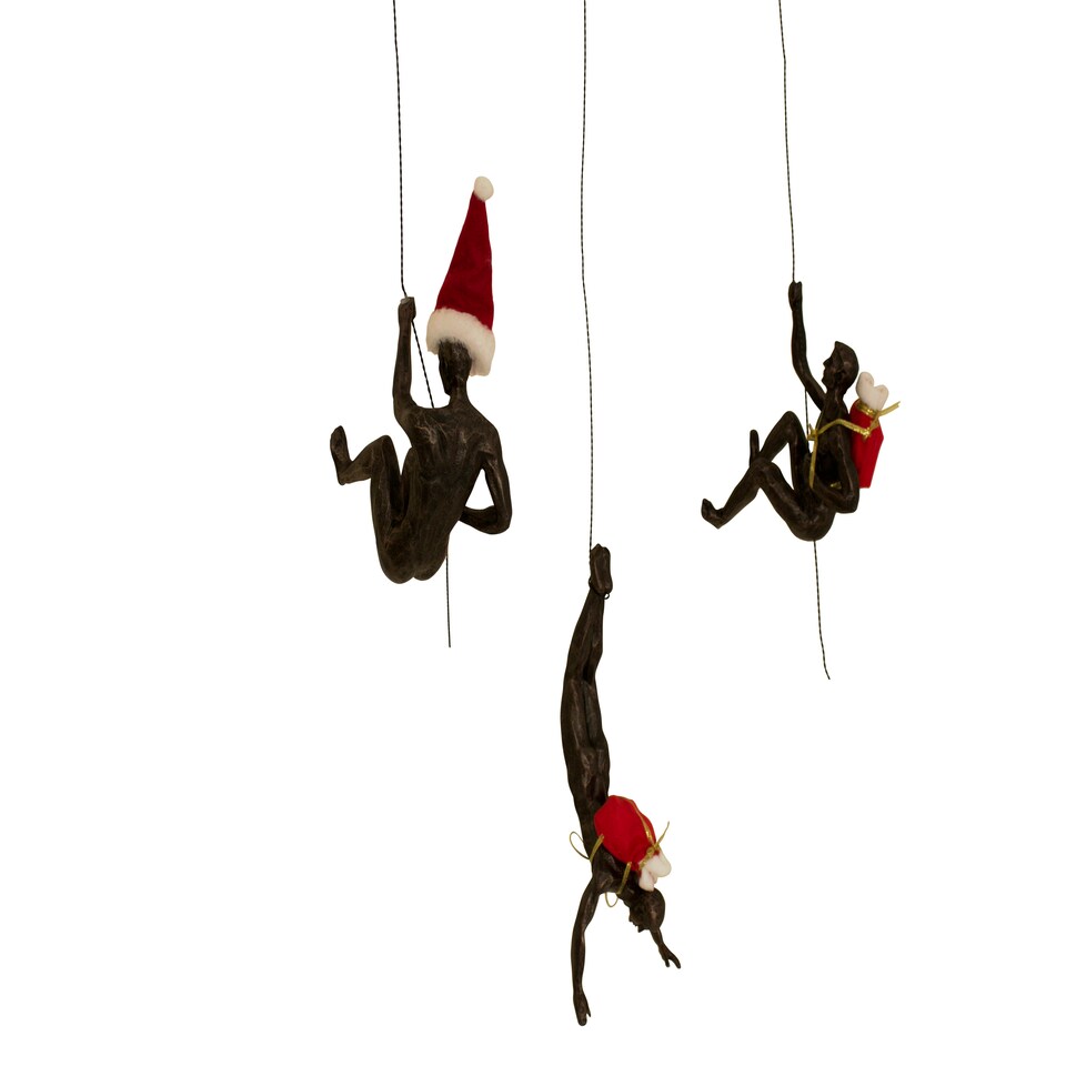 image 1 of Large x3 Bronze Colour Climbing Men With Nail Caps Wall Hanging Ornaments Art Installation Sculptures of Climber Figures on Realistic Metal Wires
