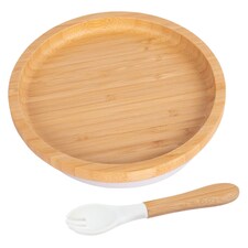Tiny Dining Bamboo Round Baby Weaning Plate & Fork Set - White