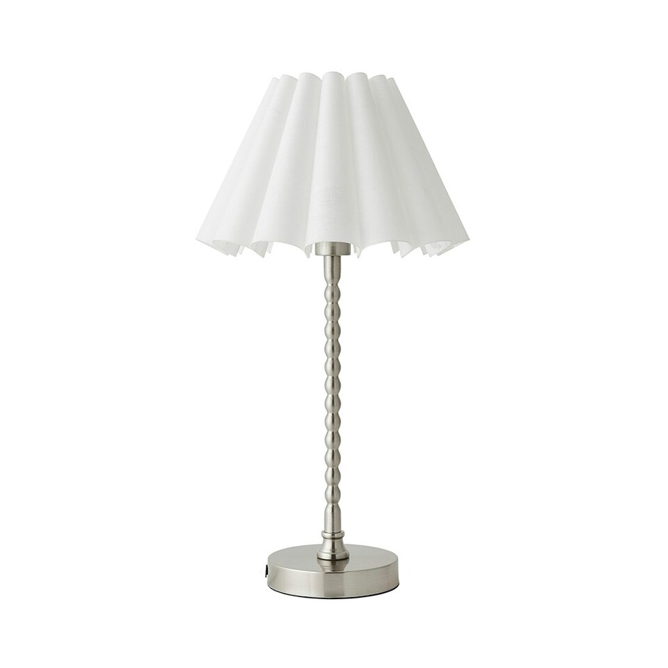 image 1 of ValueLights Maeve White Scallop Pleated Taper Shade Brushed Chrome Bobbin Bobbles Table Lamp Silver