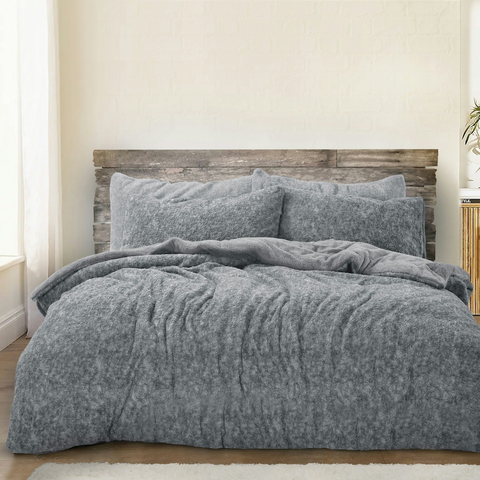 image 1 of Velosso Teddy Marl Fluffy and Warm Fleece Duvet Cover Set Grey | Charcoal | King