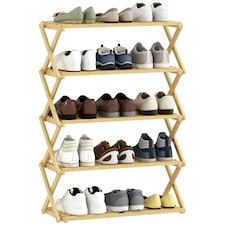 HOMCOM 5-Tier Bamboo Shoe Rack, Folding Shoe Shelf, No Assembly, Portable Storage Organiser for Entryway, Hallway, Living Room, Small Space, Holds up to 15 Pairs, Natural | Brown | Natural wood finish