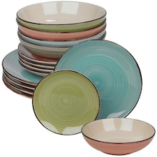 Coloured Stone Glazed Ceramic Dinnerware Crockery Plates Bowls Set | Multi | Multicoloured | 2 Sets (24 Pcs) | 24
