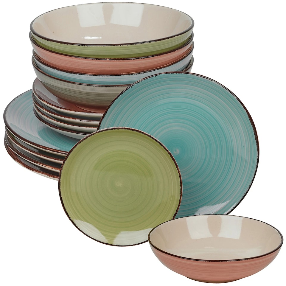 image 1 of Coloured Stone Glazed Ceramic Dinnerware Crockery Plates Bowls Set | Multi | Multicoloured | 2 Sets (24 Pcs) | 24