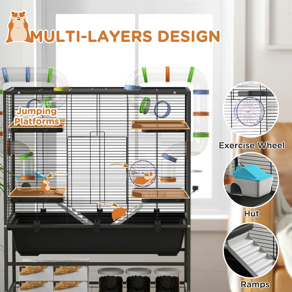 image 1 of PawHut Large Hamster Cage, Rat Cage w/ Wheels, Tubes, Storage Shelf, Ramps