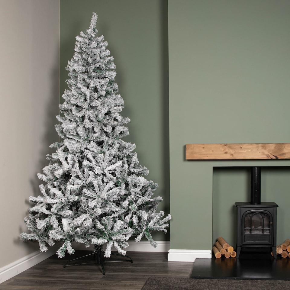 image 1 of 8ft (2.4m) Snow Flocked Artificial Christmas Tree with Green Metal Stand and 1017 Tips