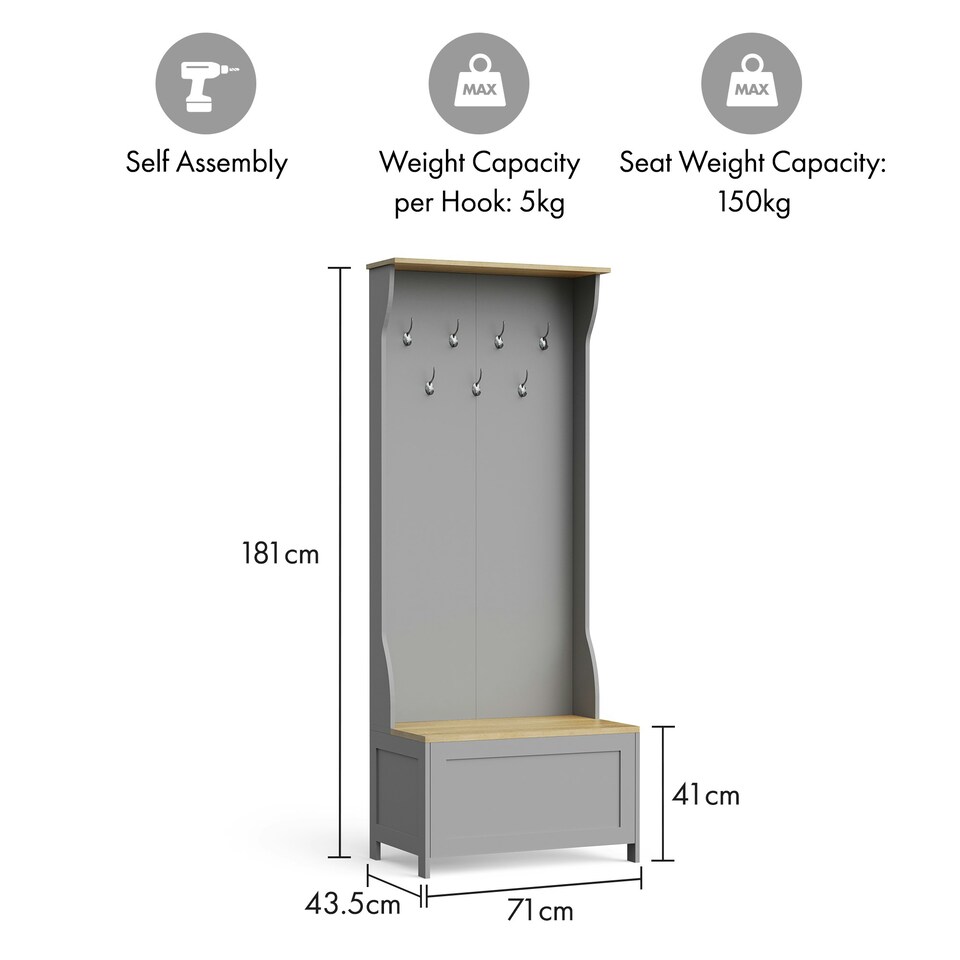 image 1 of VonHaus Grey Coat Rack Stand and Shoe Storage Bench for Hallway