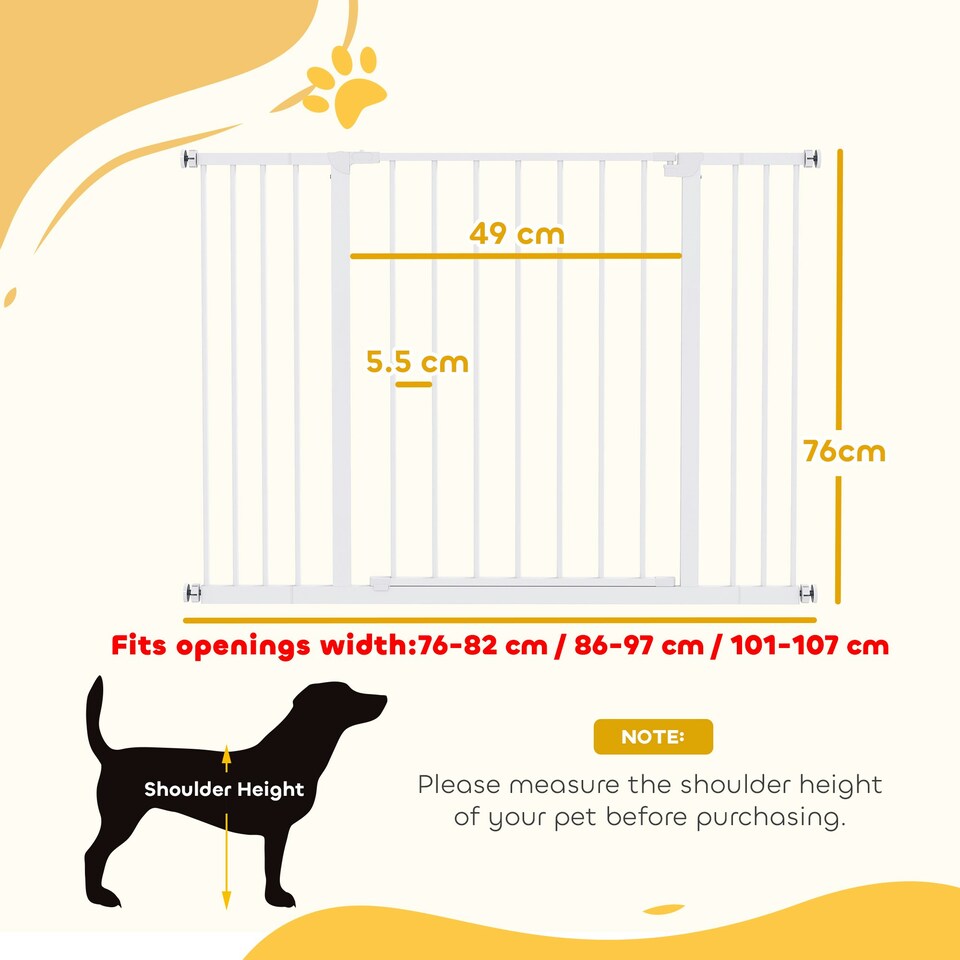 image 1 of PawHut Pressure Fitted Pet Dog Safety Gate Metal Fence 76 cm Tall, White