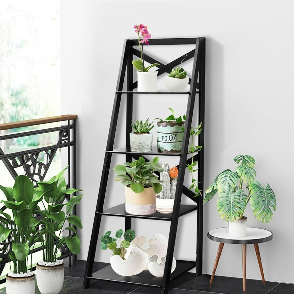 image 1 of COSTWAY 4 Tier Ladder Shelf Storage Wooden Bookcase Black Black
